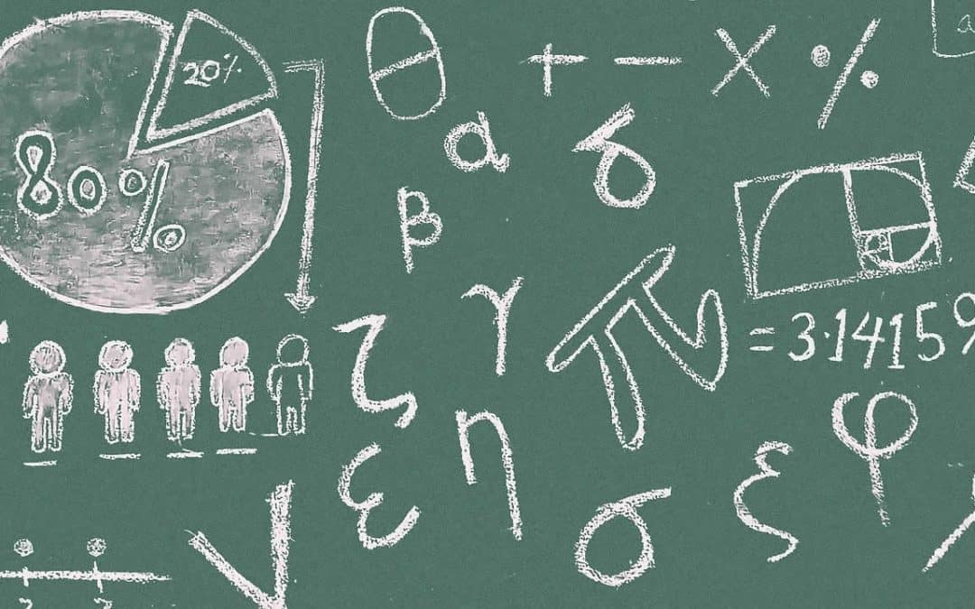 A chalkboard with all kinds of equations on it. Even a family with equations pointing at it.