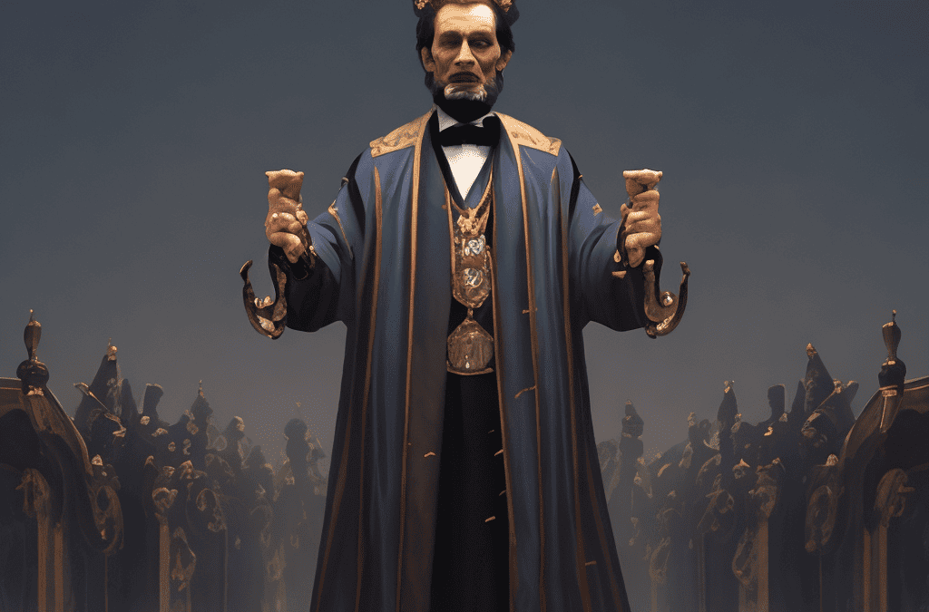 Abraham Lincoln wearing priest garb and holding chalices.